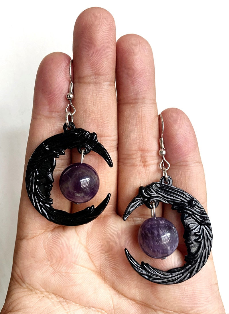 Purple Crystal Moon Earrings Crescent Moon Jewelry Dark Style Gothic Stone Pendant Magic Wiccan Witch Style Macabre Amulet