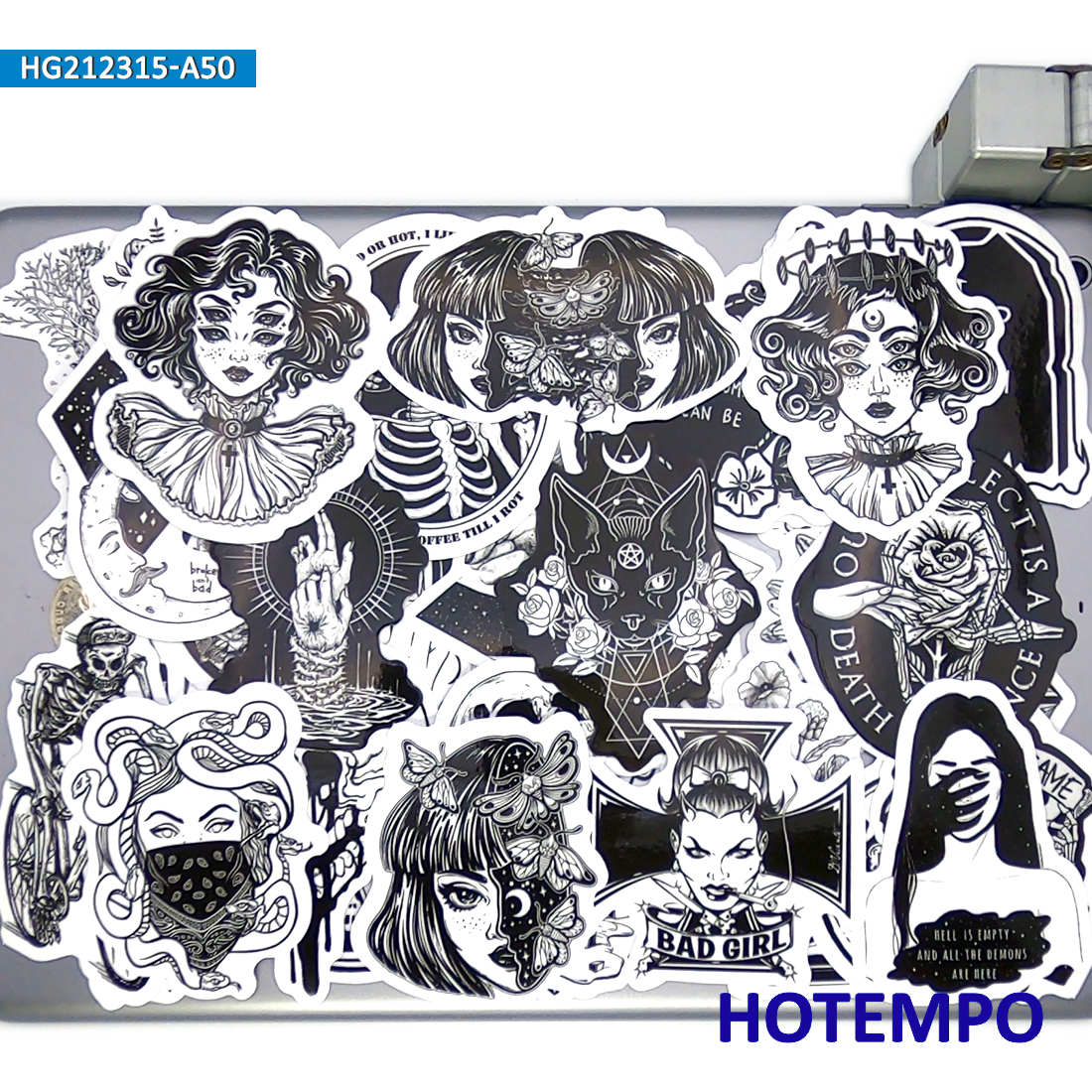 50pcs Gothic Witch Devil Skull Magic Spells Black White Stickers for Phone Laptop Luggage Skateboard Bike Motorcycle Car Sticker