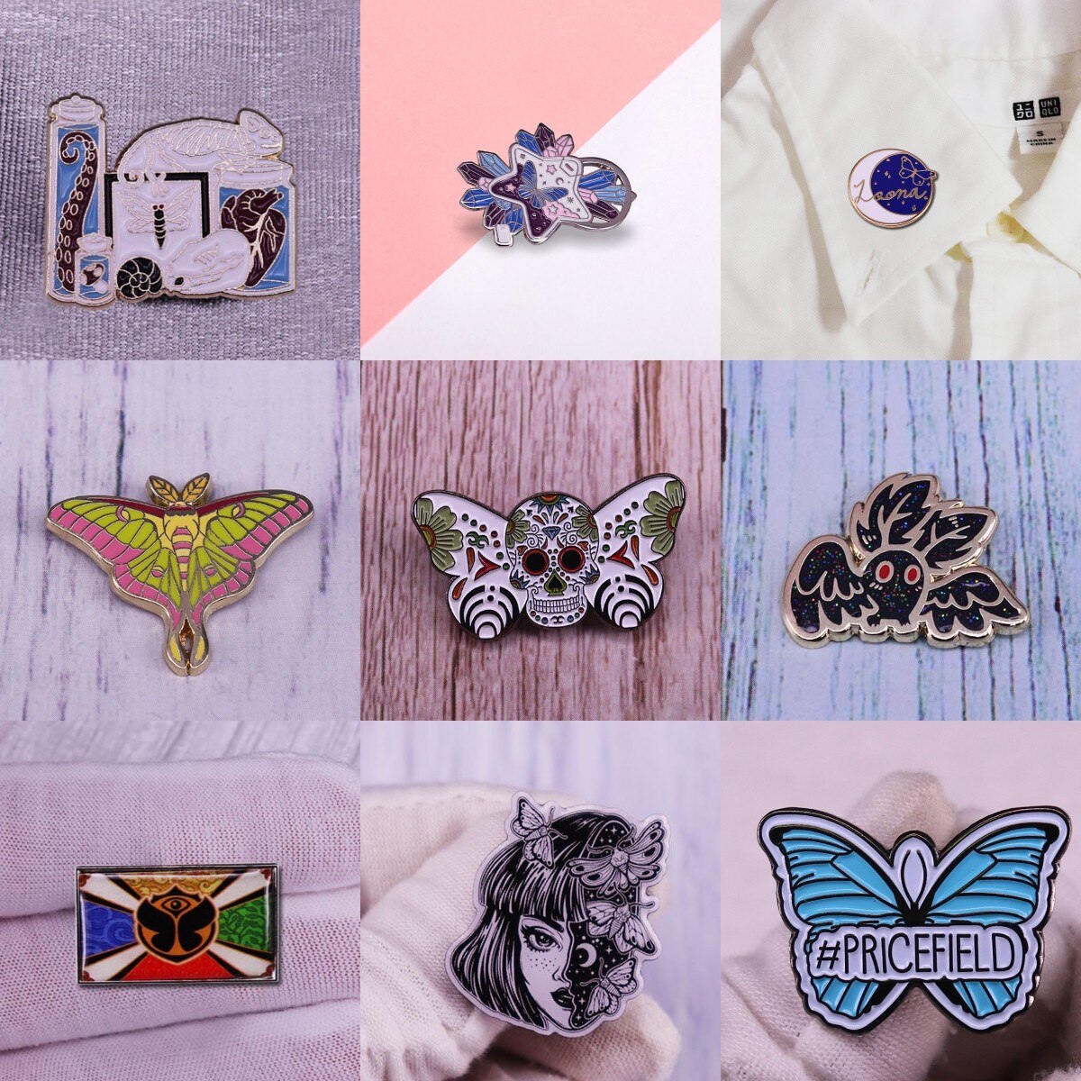 Excellent Quality Skull Butterfly Moth Enamel Lapel Pin Brooch Collection Celestial Moon Witch Badge Bag Spooky Halloween Decor