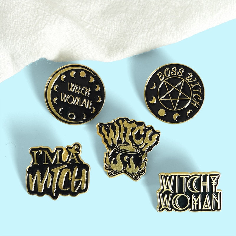 Black Witch Enamel Pins Pentagram Moon Magic Hat Brooches for Women Gothic Punk Lapel Pin Badge Anime Jewelry Gifts Wholesale