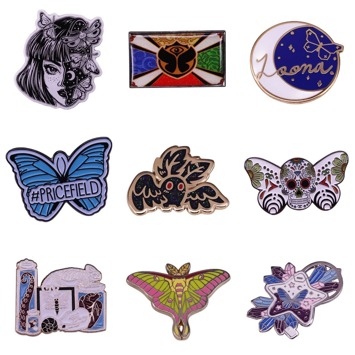 Excellent Quality Skull Butterfly Moth Enamel Lapel Pin Brooch Collection Celestial Moon Witch Badge Bag Spooky Halloween Decor