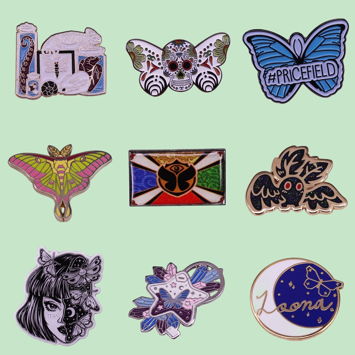 Excellent Quality Skull Butterfly Moth Enamel Lapel Pin Brooch Collection Celestial Moon Witch Badge Bag Spooky Halloween Decor