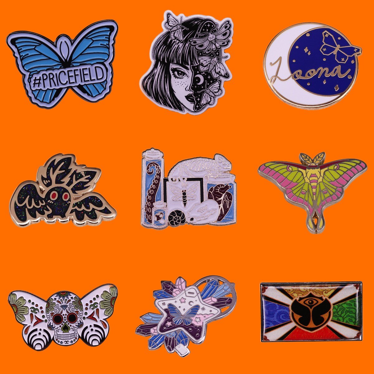 Excellent Quality Skull Butterfly Moth Enamel Lapel Pin Brooch Collection Celestial Moon Witch Badge Bag Spooky Halloween Decor