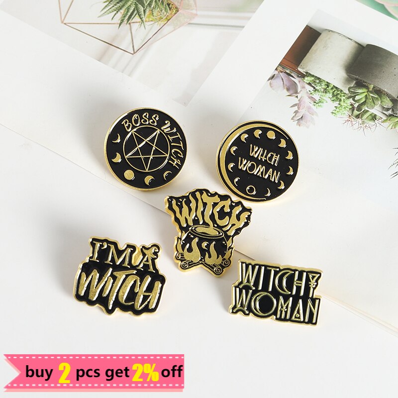 Black Witch Enamel Pins Pentagram Moon Magic Hat Brooches for Women Gothic Punk Lapel Pin Badge Anime Jewelry Gifts Wholesale