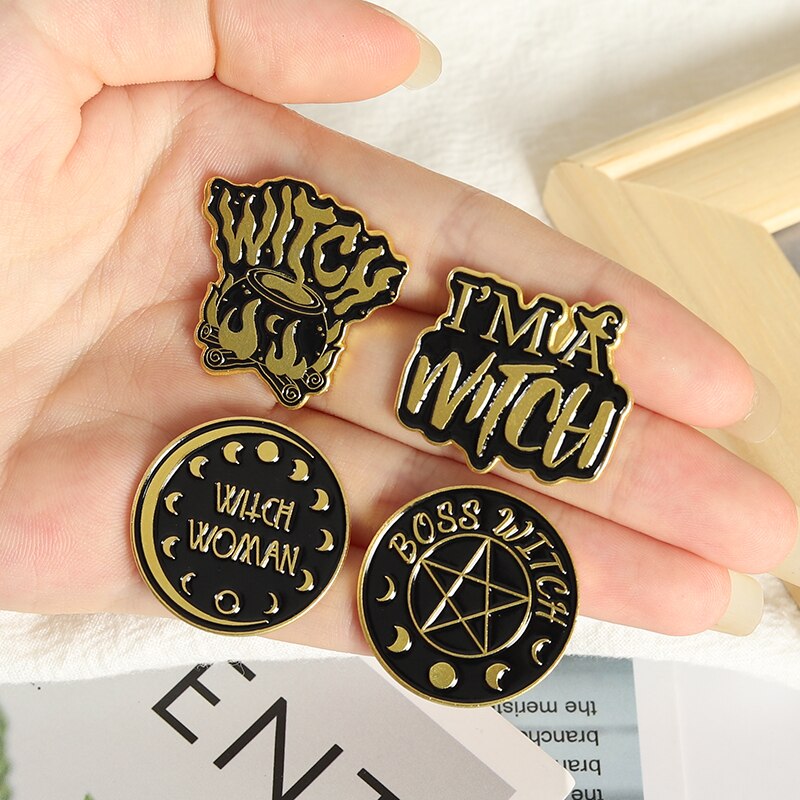 Black Witch Enamel Pins Pentagram Moon Magic Hat Brooches for Women Gothic Punk Lapel Pin Badge Anime Jewelry Gifts Wholesale