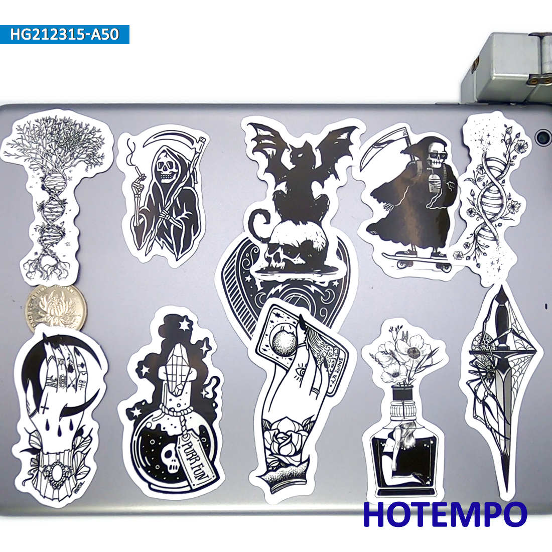50pcs Gothic Witch Devil Skull Magic Spells Black White Stickers for Phone Laptop Luggage Skateboard Bike Motorcycle Car Sticker