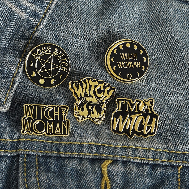Black Witch Enamel Pins Pentagram Moon Magic Hat Brooches for Women Gothic Punk Lapel Pin Badge Anime Jewelry Gifts Wholesale