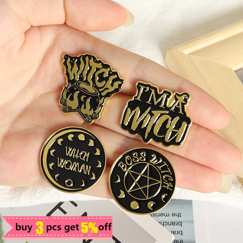 Black Witch Enamel Pins Pentagram Moon Magic Hat Brooches for Women Gothic Punk Lapel Pin Badge Anime Jewelry Gifts Wholesale
