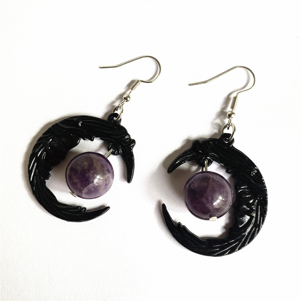 Purple Crystal Moon Earrings Crescent Moon Jewelry Dark Style Gothic Stone Pendant Magic Wiccan Witch Style Macabre Amulet