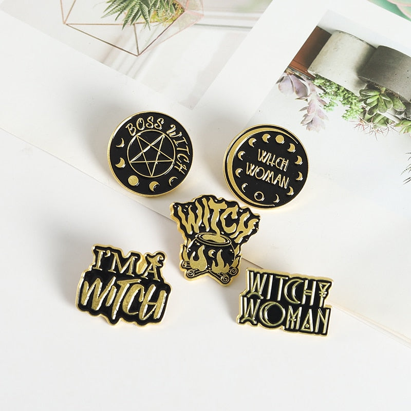 Black Witch Enamel Pins Pentagram Moon Magic Hat Brooches for Women Gothic Punk Lapel Pin Badge Anime Jewelry Gifts Wholesale