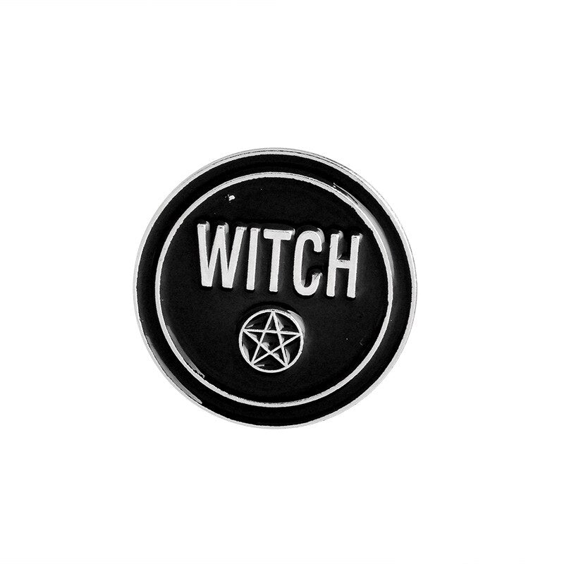 Best selling punk Witch coffin brooch Witch book Round Black brooch Dark series vintage badge