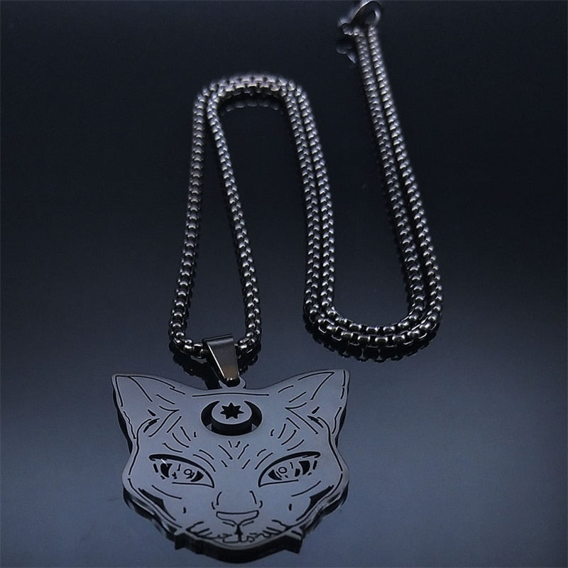 Goth Wicca Cat Moon Star Hollow Pendant Necklace Women Black Color Heptagram Witchcraft Stainless Steel Necklaces Jewelry N7079S