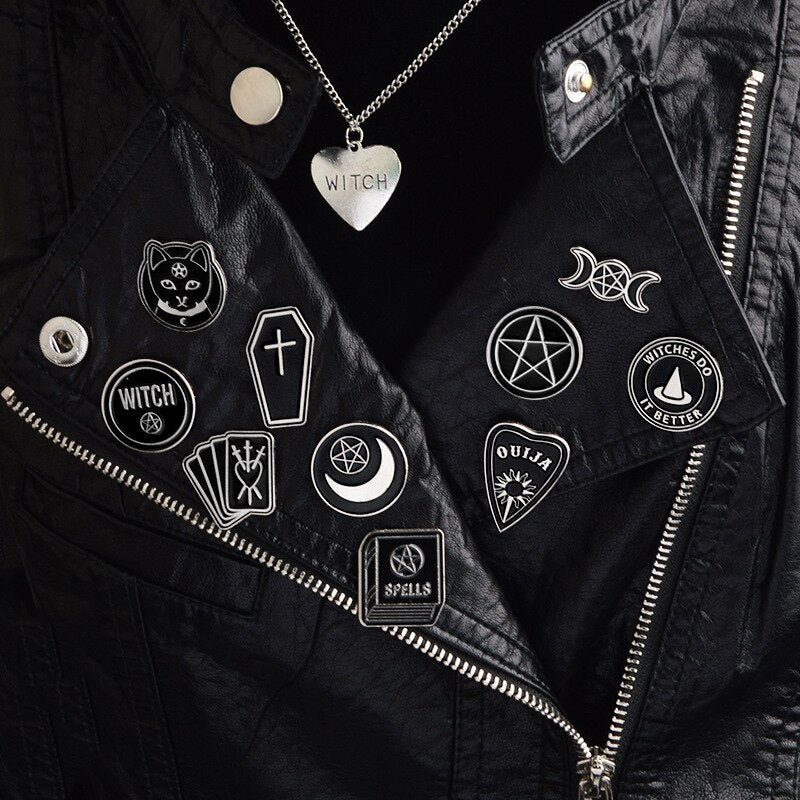 Best selling punk Witch coffin brooch Witch book Round Black brooch Dark series vintage badge