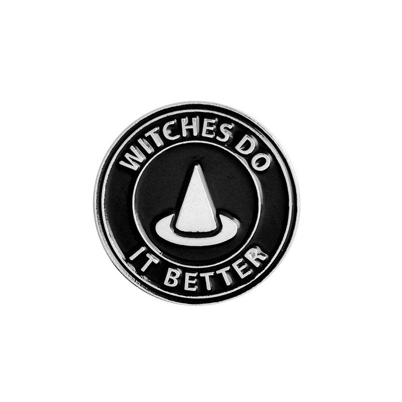 Best selling punk Witch coffin brooch Witch book Round Black brooch Dark series vintage badge