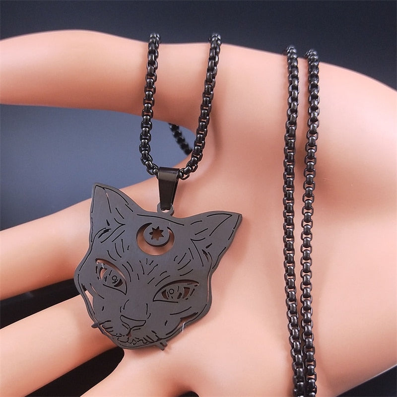 Goth Wicca Cat Moon Star Hollow Pendant Necklace Women Black Color Heptagram Witchcraft Stainless Steel Necklaces Jewelry N7079S