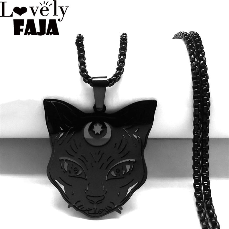 Goth Wicca Cat Moon Star Hollow Pendant Necklace Women Black Color Heptagram Witchcraft Stainless Steel Necklaces Jewelry N7079S