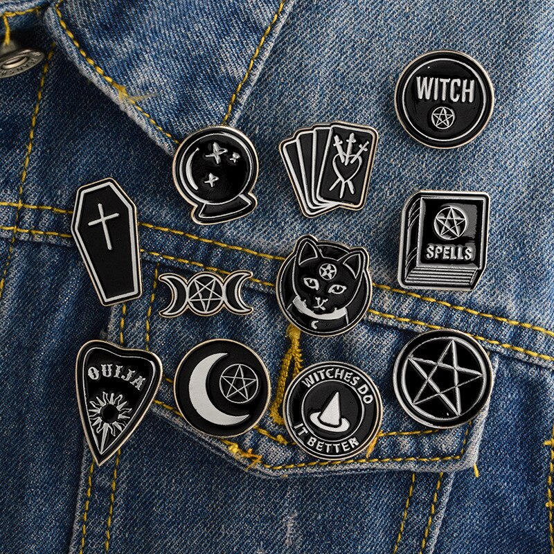 Best selling punk Witch coffin brooch Witch book Round Black brooch Dark series vintage badge