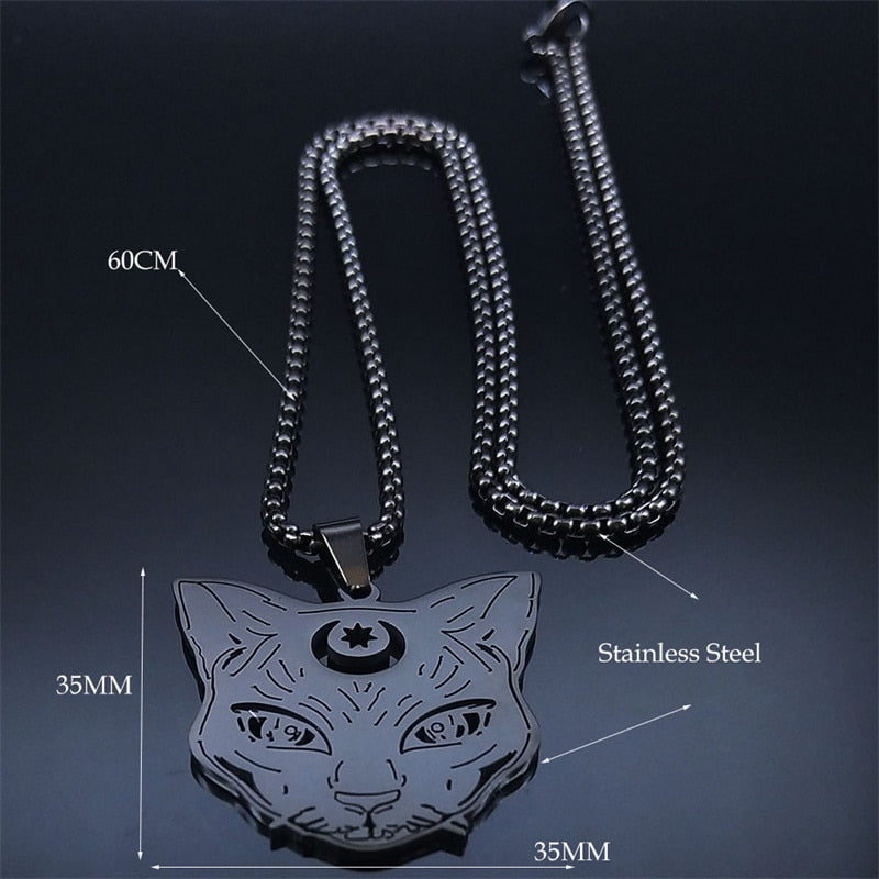 Goth Wicca Cat Moon Star Hollow Pendant Necklace Women Black Color Heptagram Witchcraft Stainless Steel Necklaces Jewelry N7079S