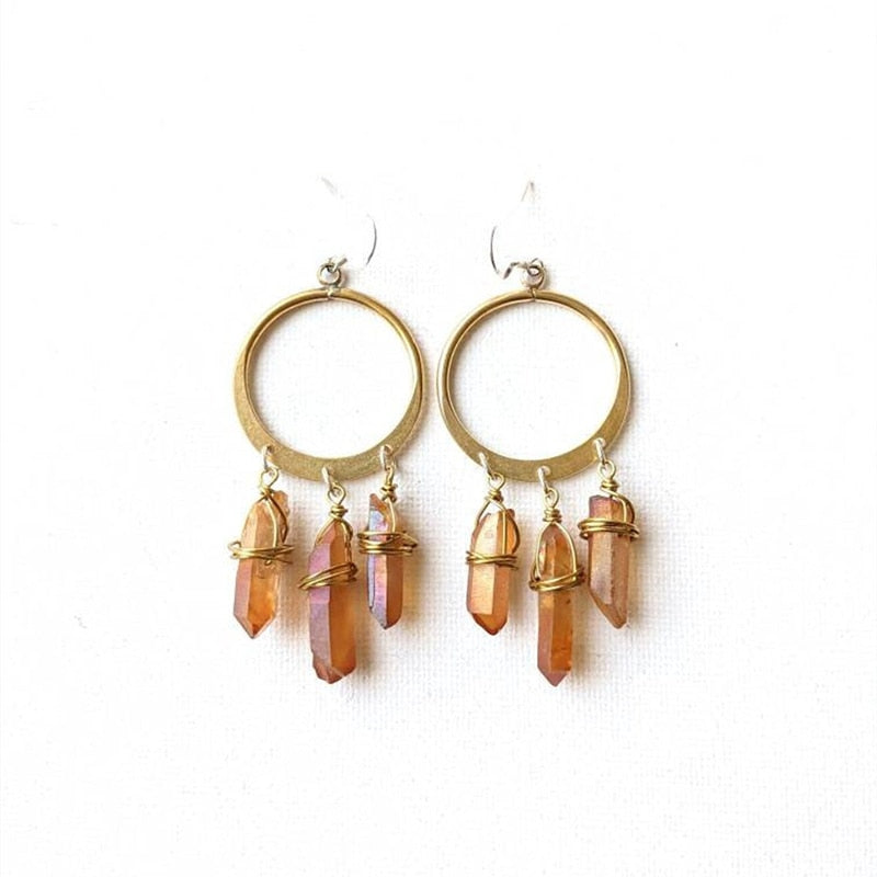 Bohemian Hoop Earrings-Quartz Earrings-Natural Crystal Earrings-Chandelier Earrings-Brass Hoop Earrings-Gift for Wife