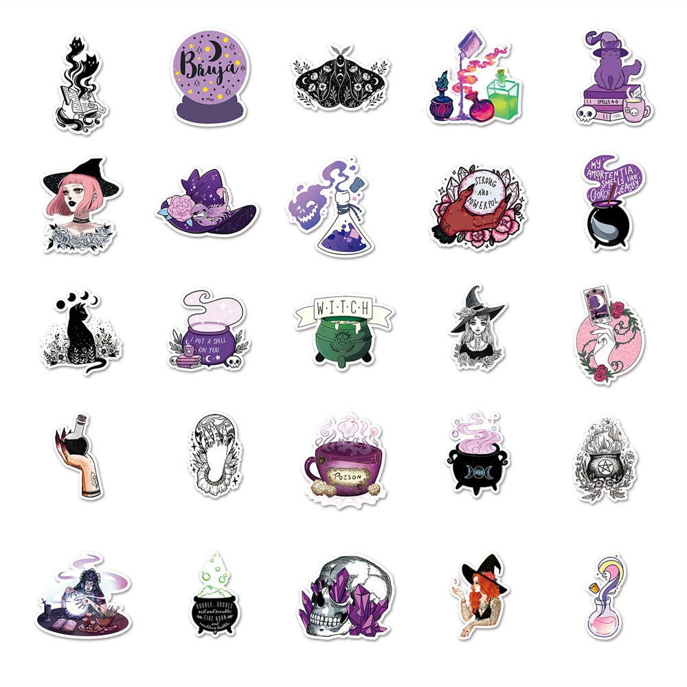 50pcs Aesthetic Crystal Witch Stickers For Guitar Stationery Phone Craft Supplies Retro Sticker Vintage Scrapbooking Material