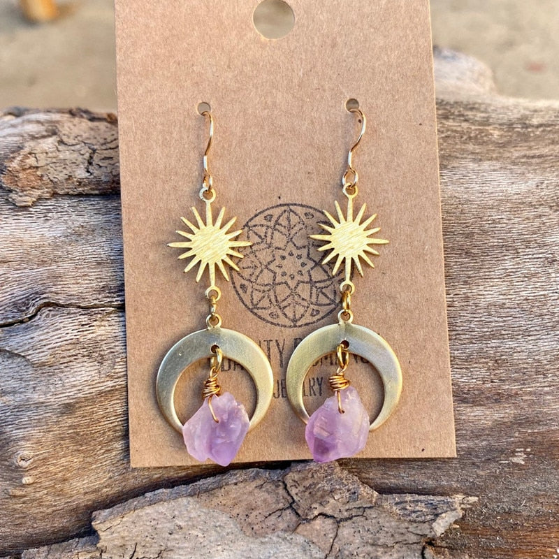 Fashion Gold Sun and Moon Earrings, Natural Quartz Purple Crystal Pendant Earrings, Bohemian Hippie Celestial Jewelry