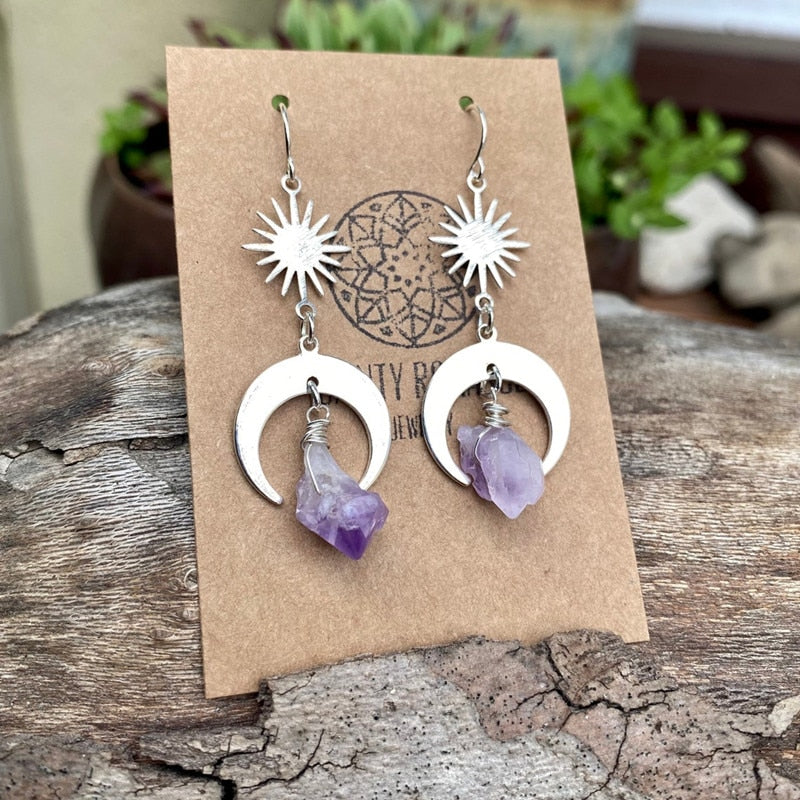 Fashion Gold Sun and Moon Earrings, Natural Quartz Purple Crystal Pendant Earrings, Bohemian Hippie Celestial Jewelry