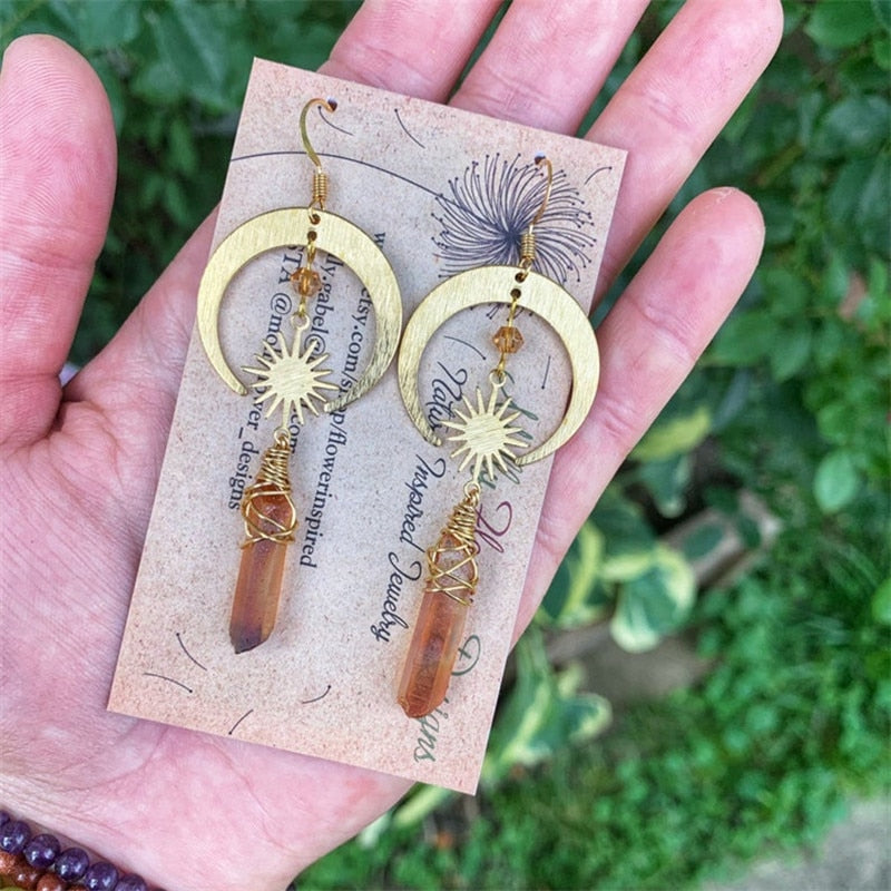Natural Quartz Earrings, Sunburst, Golden Crescent, Bohemian Goddess, Witch, Wika, Free Spirit, Celestial Jewelry