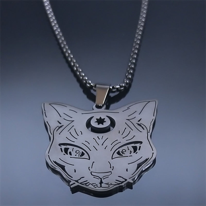Goth Wicca Cat Moon Star Hollow Pendant Necklace Women Black Color Heptagram Witchcraft Stainless Steel Necklaces Jewelry N7079S