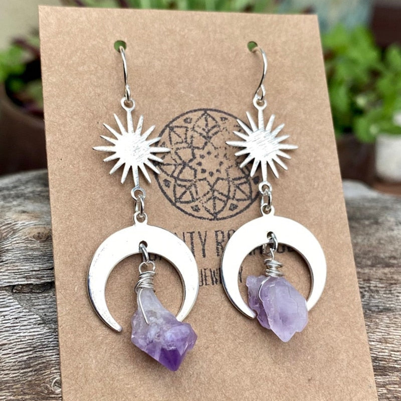 Fashion Gold Sun and Moon Earrings, Natural Quartz Purple Crystal Pendant Earrings, Bohemian Hippie Celestial Jewelry