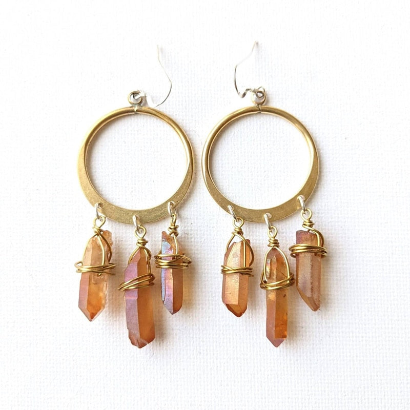Bohemian Hoop Earrings-Quartz Earrings-Natural Crystal Earrings-Chandelier Earrings-Brass Hoop Earrings-Gift for Wife
