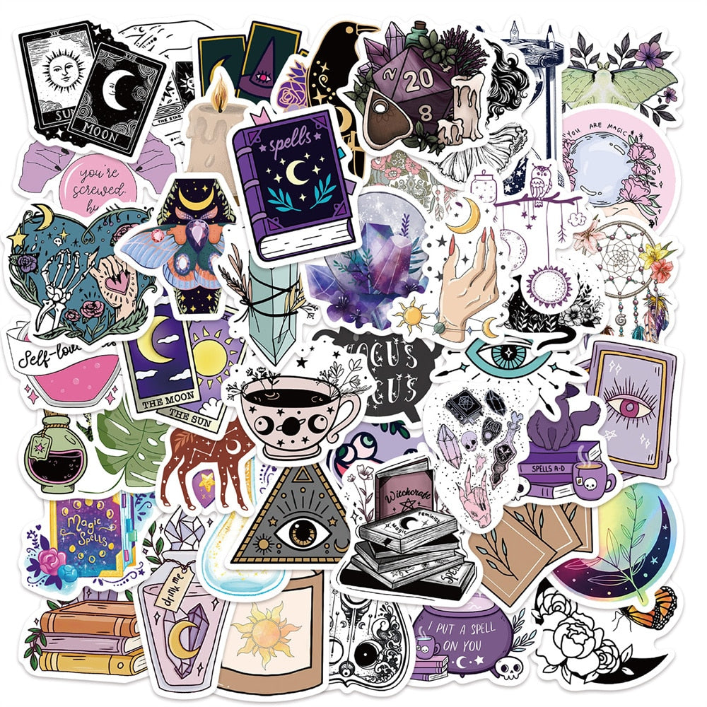 50pcs Retro Witch Magic Crystal Stickers For Laptop Stationery Ipad Craft Supplies DIY Scrapbooking Material Vintage Sticker