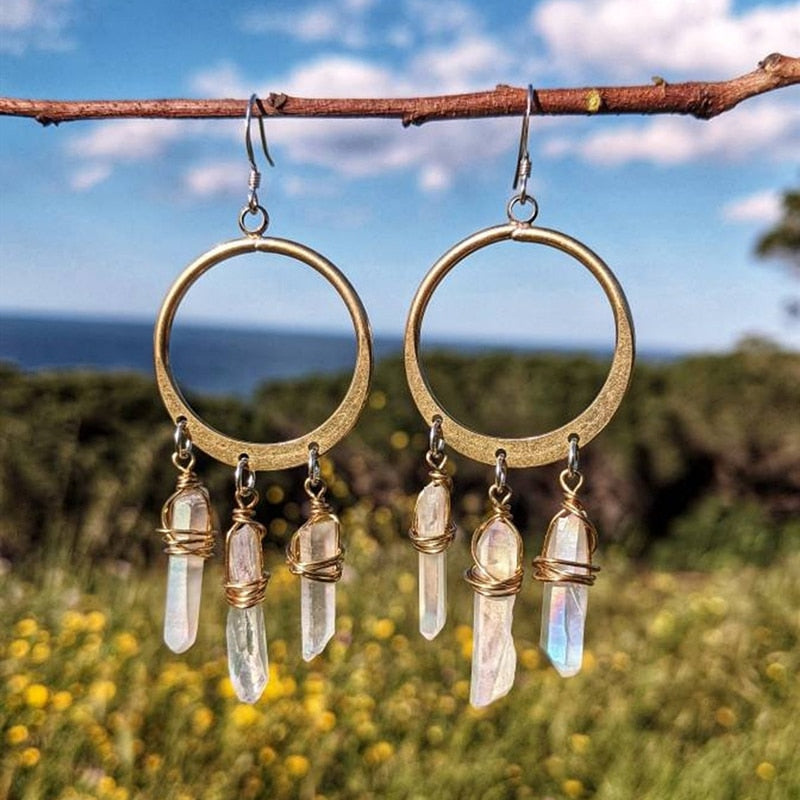 Bohemian Hoop Earrings-Quartz Earrings-Natural Crystal Earrings-Chandelier Earrings-Brass Hoop Earrings-Gift for Wife