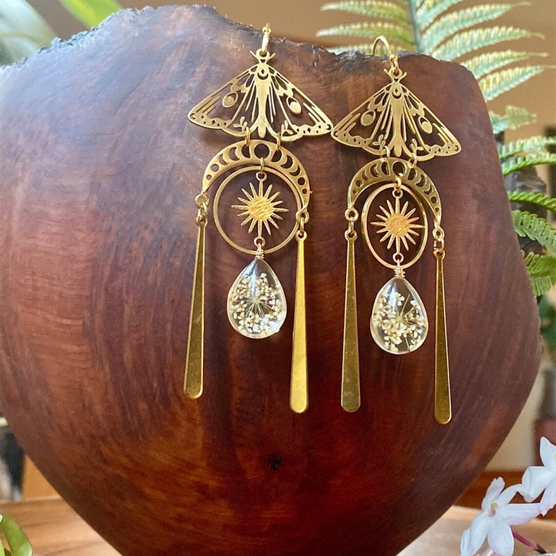Gothic Moth Earrings, Gold Sun Moon Earrings, White Resin Flower Drop Moth Earrings, Hypoallergenic Stray Jewelry