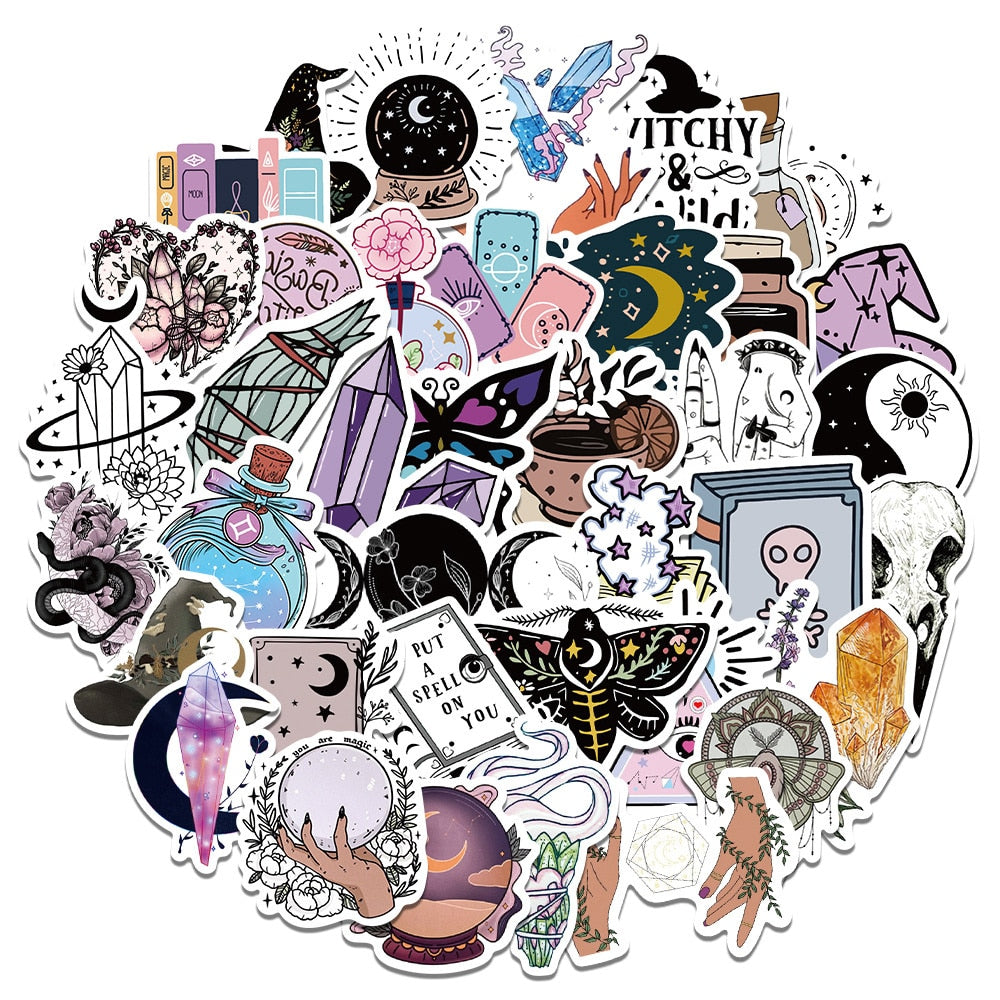 50pcs Retro Witch Magic Crystal Stickers For Laptop Stationery Ipad Craft Supplies DIY Scrapbooking Material Vintage Sticker