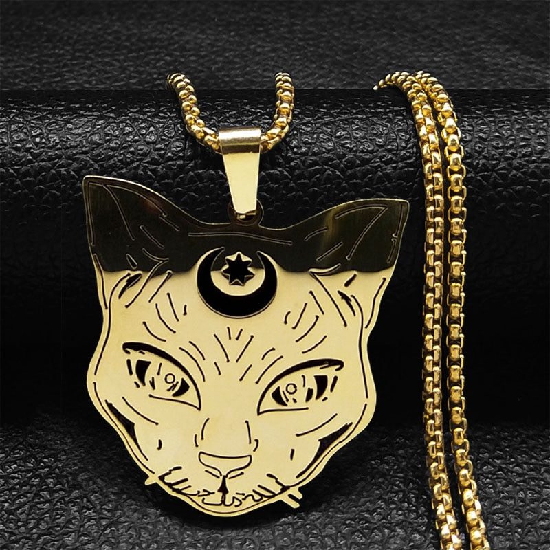 Goth Wicca Cat Moon Star Hollow Pendant Necklace Women Black Color Heptagram Witchcraft Stainless Steel Necklaces Jewelry N7079S