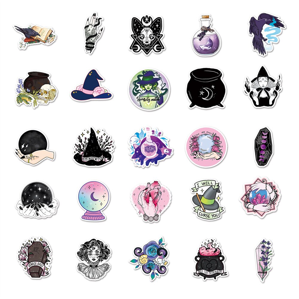 50pcs Aesthetic Crystal Witch Stickers For Guitar Stationery Phone Craft Supplies Retro Sticker Vintage Scrapbooking Material