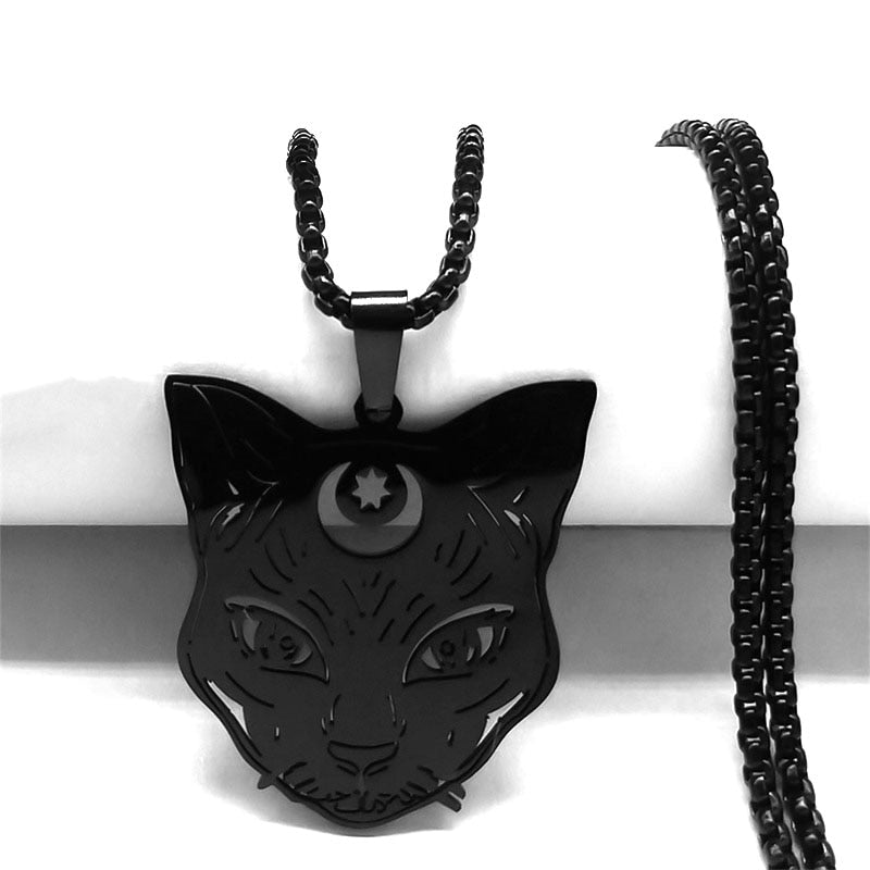 Goth Wicca Cat Moon Star Hollow Pendant Necklace Women Black Color Heptagram Witchcraft Stainless Steel Necklaces Jewelry N7079S