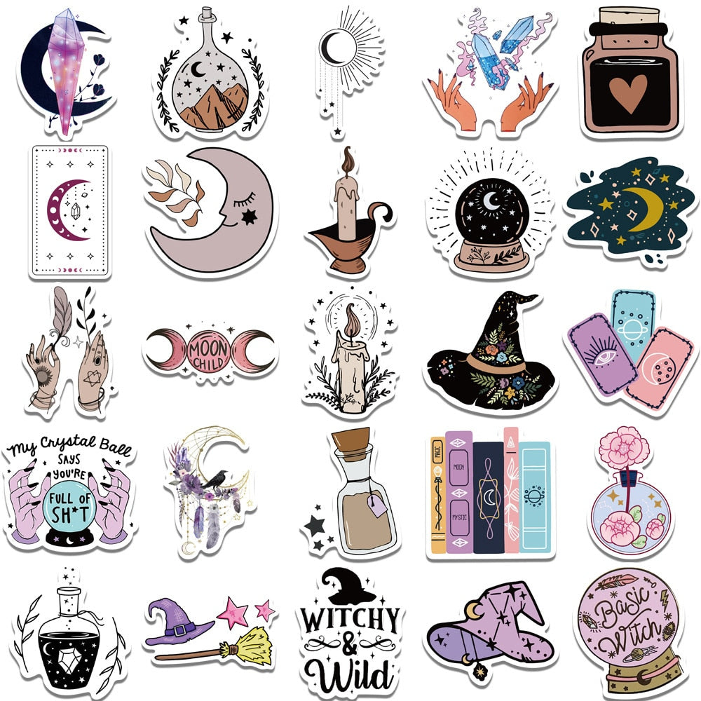 50pcs Retro Witch Magic Crystal Stickers For Laptop Stationery Ipad Craft Supplies DIY Scrapbooking Material Vintage Sticker