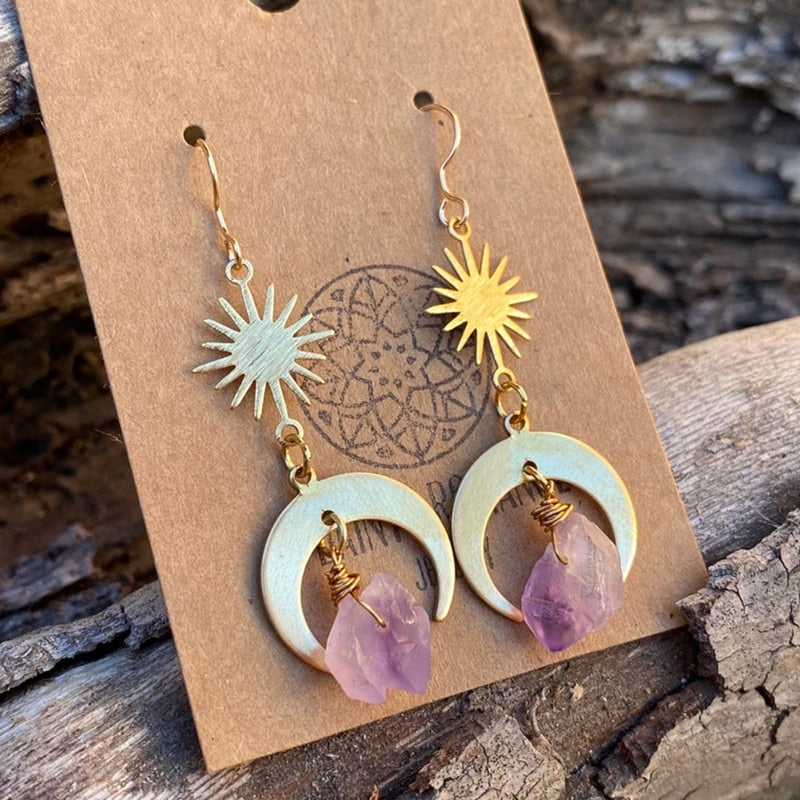 Fashion Gold Sun and Moon Earrings, Natural Quartz Purple Crystal Pendant Earrings, Bohemian Hippie Celestial Jewelry