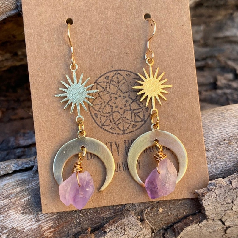 Fashion Gold Sun and Moon Earrings, Natural Quartz Purple Crystal Pendant Earrings, Bohemian Hippie Celestial Jewelry