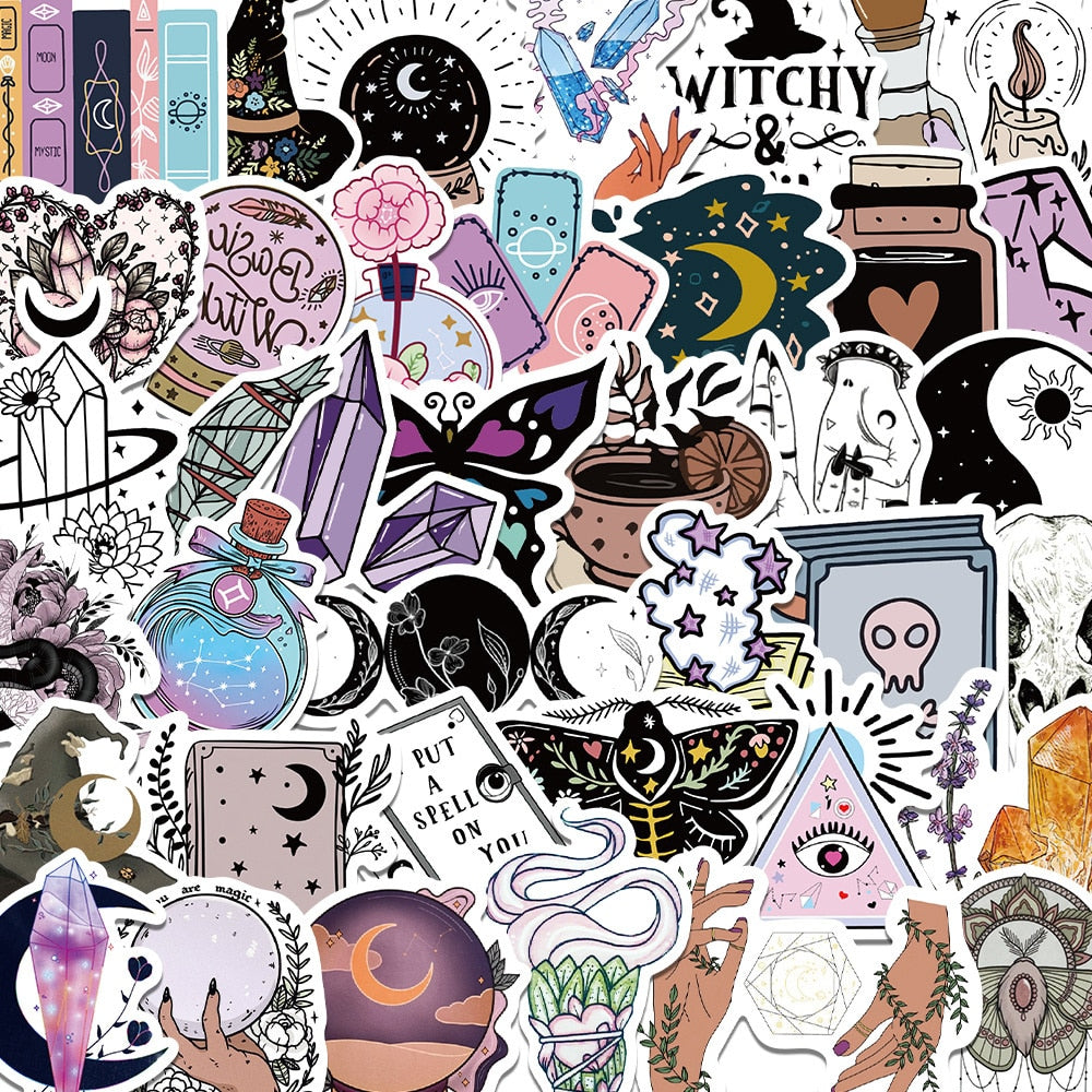 50pcs Retro Witch Magic Crystal Stickers For Laptop Stationery Ipad Craft Supplies DIY Scrapbooking Material Vintage Sticker