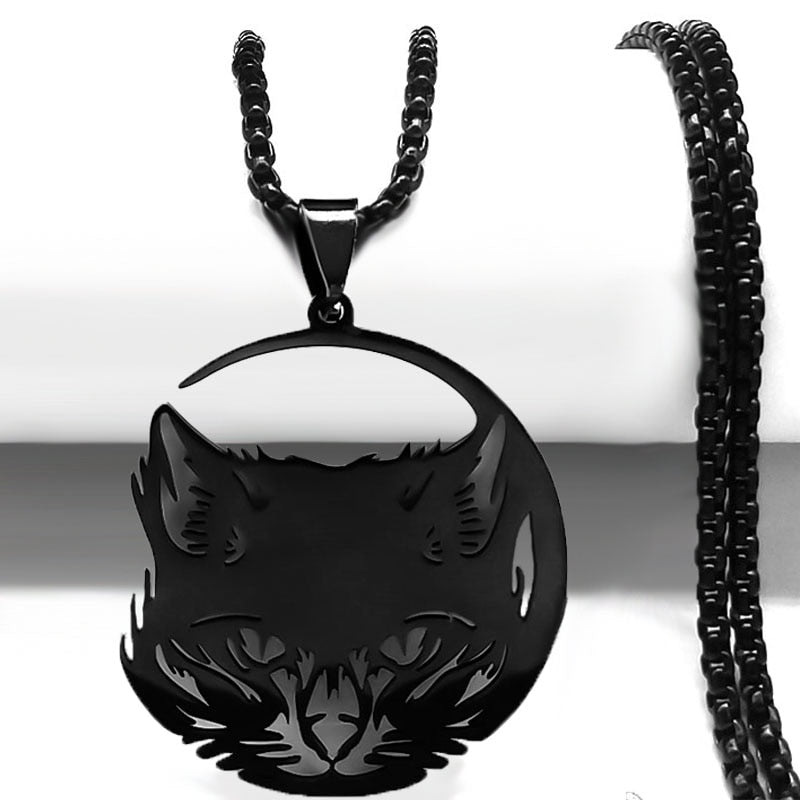 Goth Wicca Cat Moon Star Hollow Pendant Necklace Women Black Color Heptagram Witchcraft Stainless Steel Necklaces Jewelry N7079S