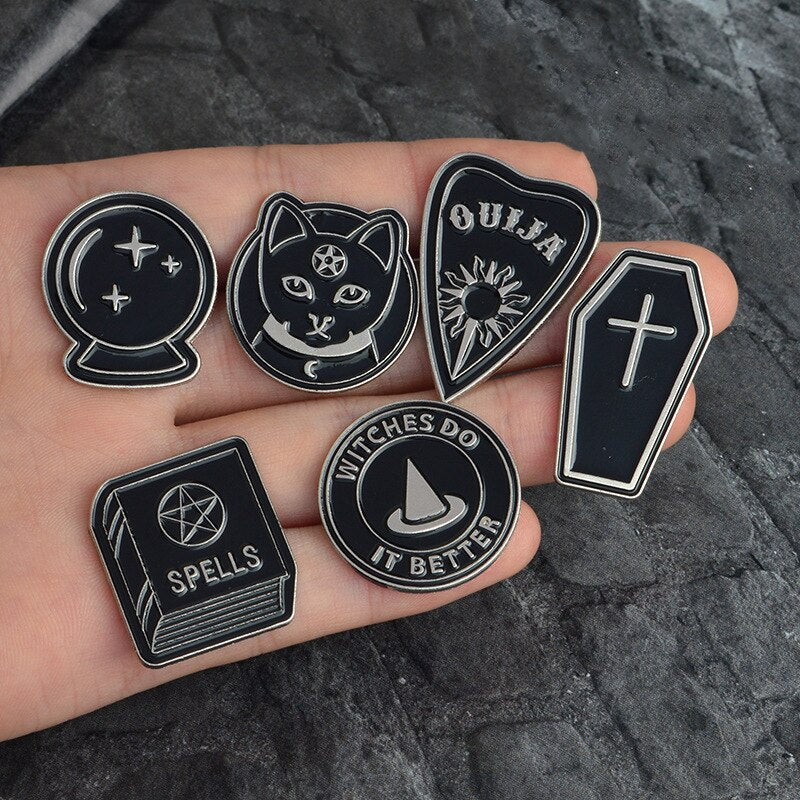 Best selling punk Witch coffin brooch Witch book Round Black brooch Dark series vintage badge