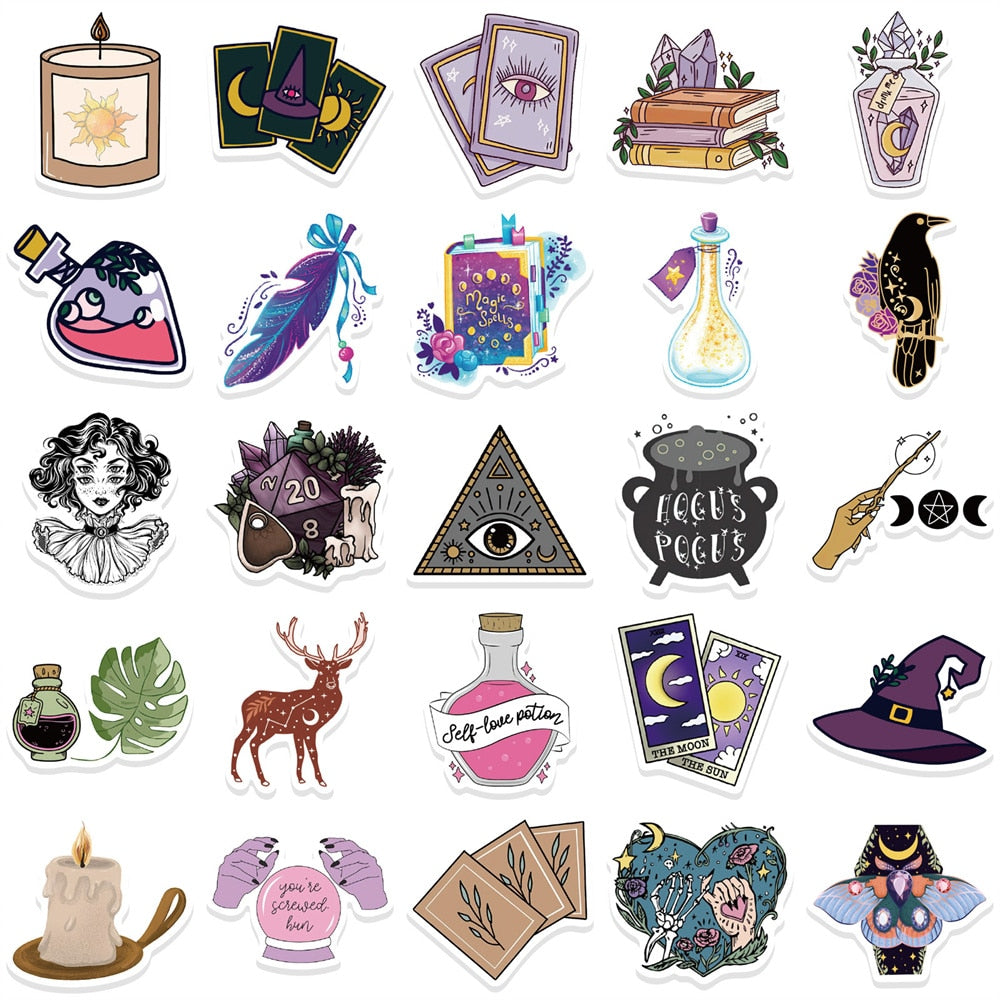 50pcs Retro Witch Magic Crystal Stickers For Laptop Stationery Ipad Craft Supplies DIY Scrapbooking Material Vintage Sticker