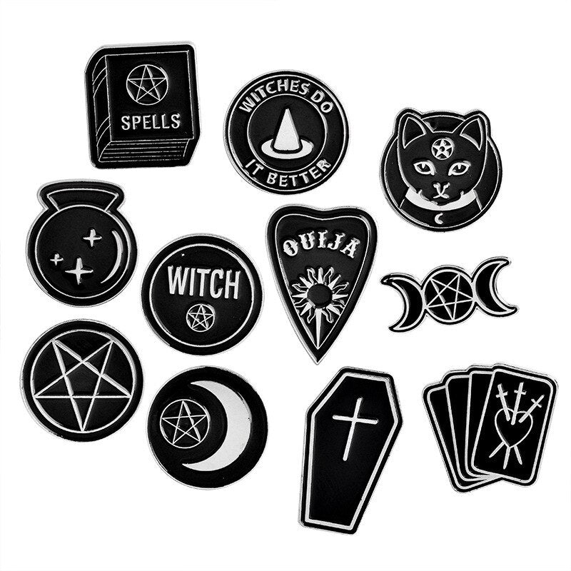 Best selling punk Witch coffin brooch Witch book Round Black brooch Dark series vintage badge