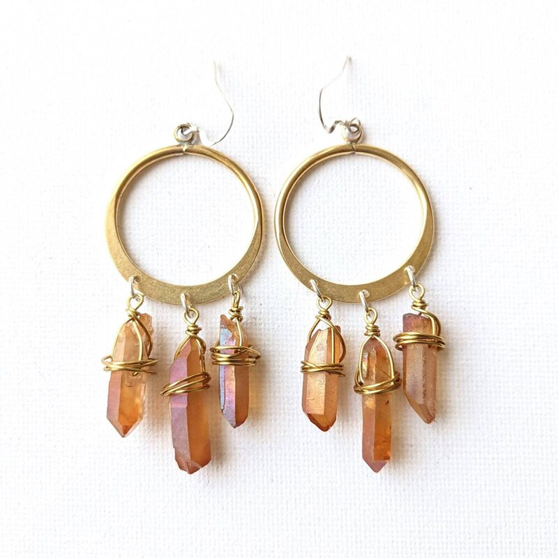 Bohemian Hoop Earrings-Quartz Earrings-Natural Crystal Earrings-Chandelier Earrings-Brass Hoop Earrings-Gift for Wife