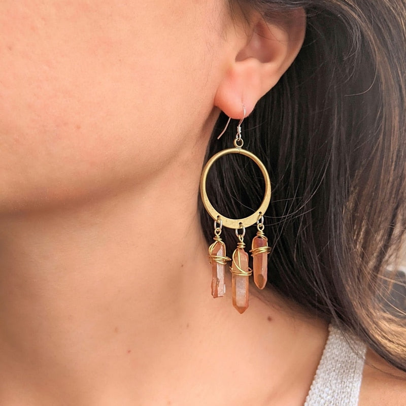 Bohemian Hoop Earrings-Quartz Earrings-Natural Crystal Earrings-Chandelier Earrings-Brass Hoop Earrings-Gift for Wife