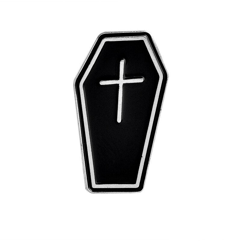Best selling punk Witch coffin brooch Witch book Round Black brooch Dark series vintage badge