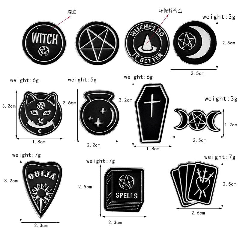 Best selling punk Witch coffin brooch Witch book Round Black brooch Dark series vintage badge