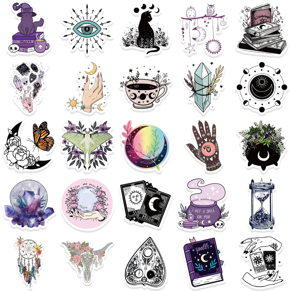50pcs Retro Witch Magic Crystal Stickers For Laptop Stationery Ipad Craft Supplies DIY Scrapbooking Material Vintage Sticker